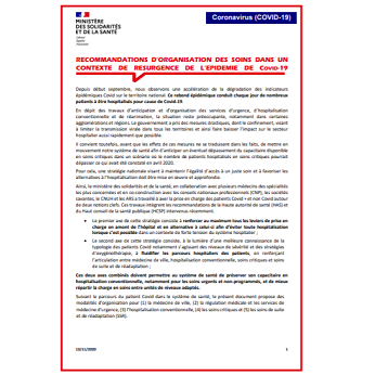Aperçu du document officiel "recommandations d'organisation des soins dans un contexte de résurgence de l'épidémie de Covid-19 "