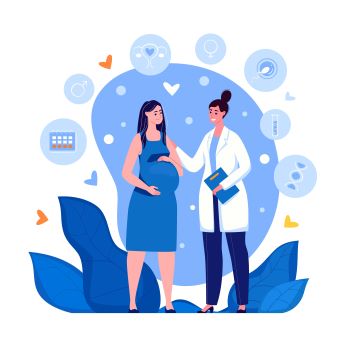 Illustration d'une sage femme aidant une femme enceinte