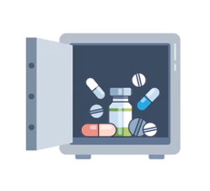 Illustration d'un coffre fort contenant des médicaments