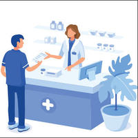 dessin d'un pharmacien et d'un patient au comptoir