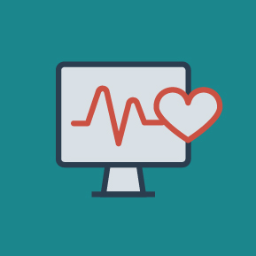 Pictogramme illustrant un ordinateur avec un cœur pour représenter "e-santé"