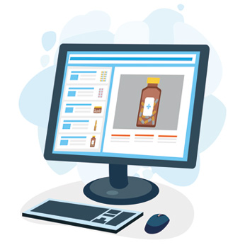 Illustration d'un ordinateur ouvert sur une page d'un site internet vendant des médicaments
