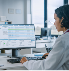 Photo d'un pharmacien devant son ordinateur