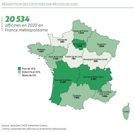 carte de la répartition des officines en France en 2020
