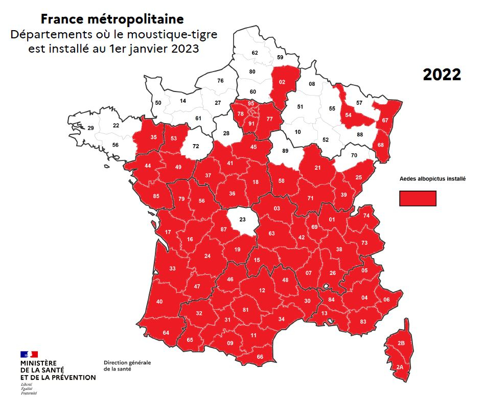 Carte de la France avec coloration des régions touchées par la présence de moustiques tigres en 2023