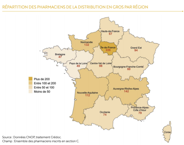 Carte de France illustrant la répartition des pharmaciens inscrits en section C selon les régions