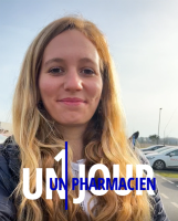 Image de couverture de la vidéo de Fanny Glotin : son portrait accompagné du logo "Un jour, un pharmacien"