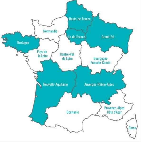 Carte de France avec quelques régions en bleu