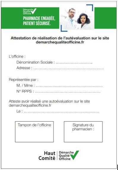 Prévisualisation de l'attestation de réalisation de l'autoévaluation sur le site démarchequalitéofficine.fr