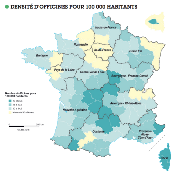 Carte de France illustrant la densité d'officines sur le territoire