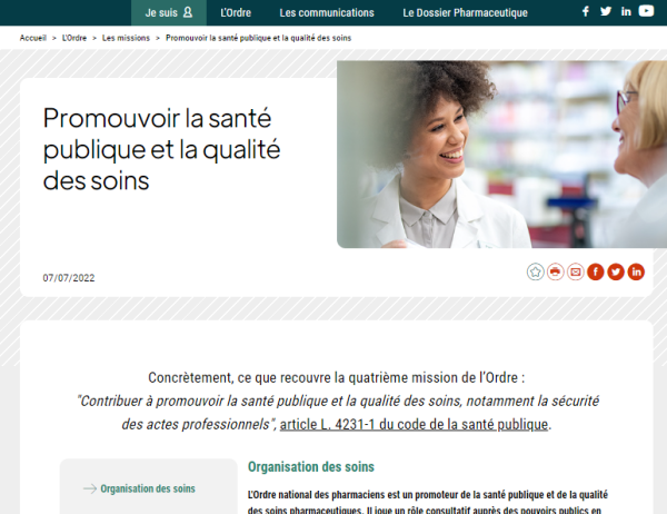 Capture d'écran du haut de la page "Promouvoir la santé publique et la qualité des soins"