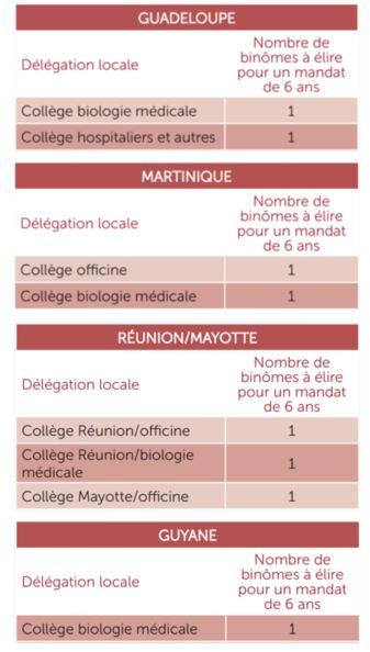 Tableau présentant le nombre de binômes à élire pour un mandat de 6 ans en Guadeloupe, Martinique, Réunion/Mayotte et Guyane