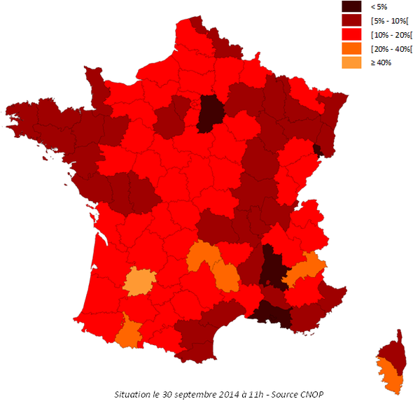 Carte des régions francaise faisant la grève