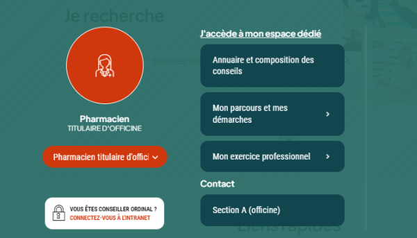 Aperçu du menu "je suis pharmacien" du site