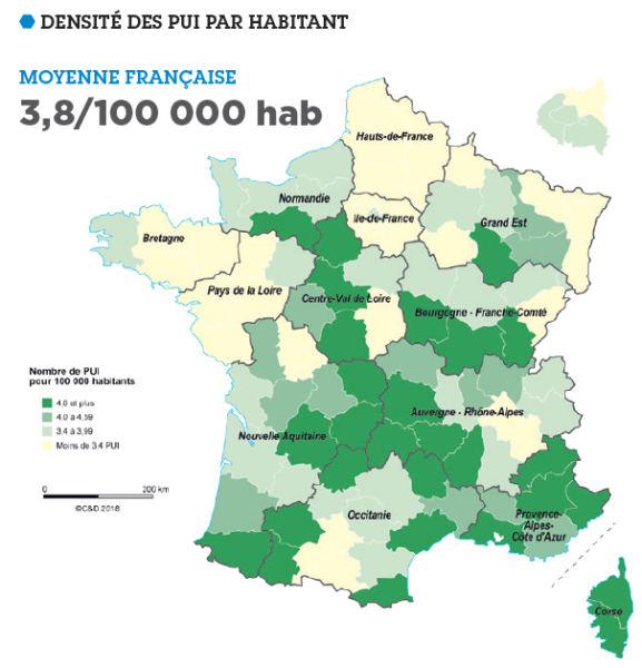 Carte française illustrant la densité de PUI sur le territoire