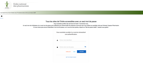 Capture d'écran de la page d'authentification au site de l'Ordre