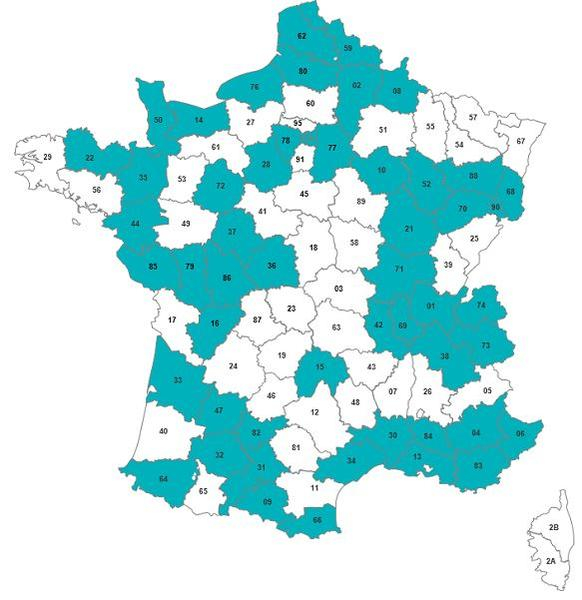Carte de la France avec  quelques départements en bleu