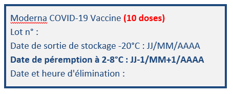Etiquette COVID-19 vaccine avec mention de la date de sortie de stockage à -20°C et la date de péremption à 2-8°C et la date et heure d'élimination