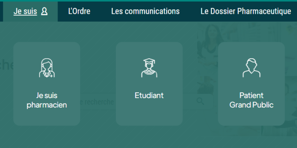 Capture d'écran du menu du site web de l'Ordre et notamment de l'entrée par profil : Pharmacien, étudiant ou patient/grand public