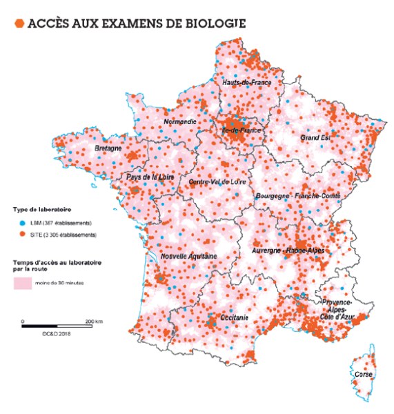 Carte française illustrant les accès aux examens de biologie en france